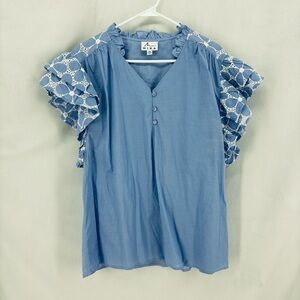 Mira Blue Cotton Blouse women’s XXL Ruffle Sleeve Eyelet Lace Boho Peasant Top